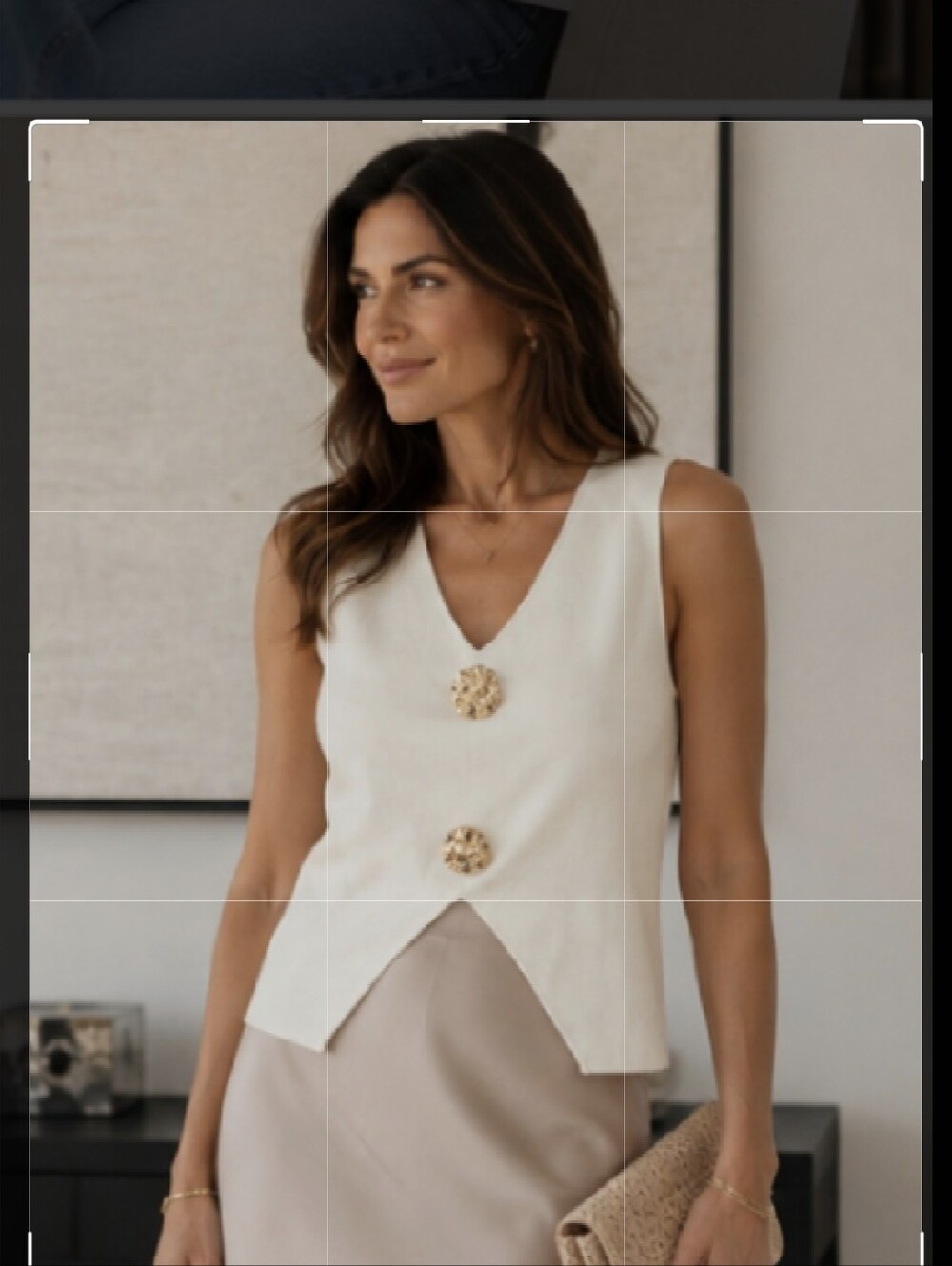 Commense Ivory Sleeveless V-Neck Knit Tank with Decorative Buttons